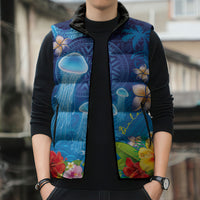 Fiji Jellyfish Sleeveless Puffer Jacket Tapa Patterns and Hibiscus Sea Vibe LT03 - Polynesian Pride
