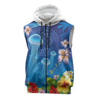 Fiji Jellyfish Sleeveless Zip Hoodie Tapa Patterns and Hibiscus Sea Vibe