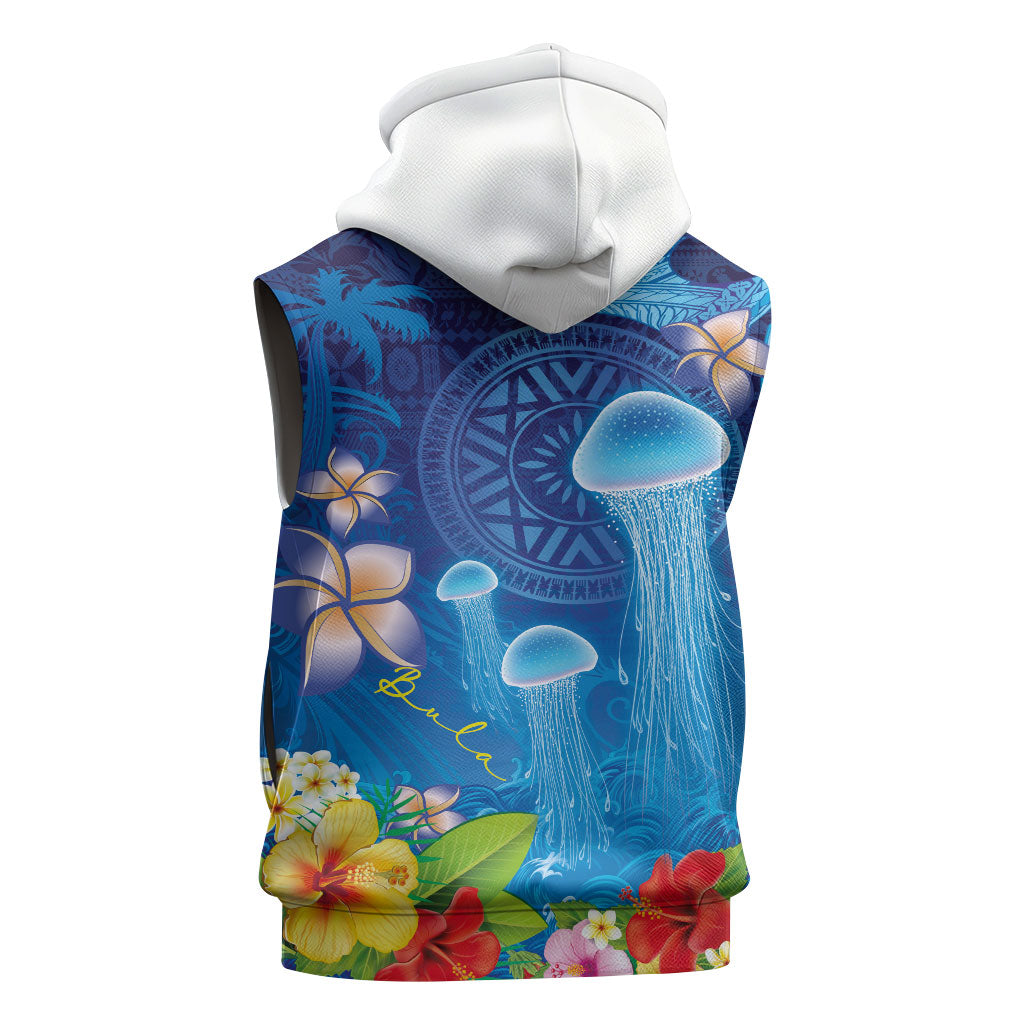Fiji Jellyfish Sleeveless Zip Hoodie Tapa Patterns and Hibiscus Sea Vibe