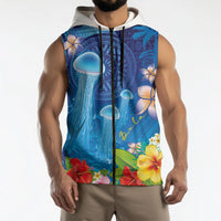 Fiji Jellyfish Sleeveless Zip Hoodie Tapa Patterns and Hibiscus Sea Vibe