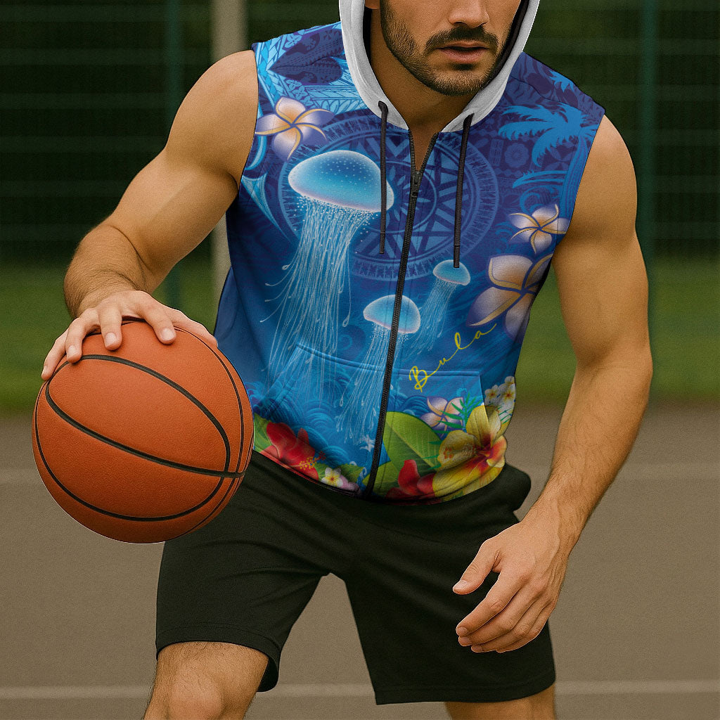 Fiji Jellyfish Sleeveless Zip Hoodie Tapa Patterns and Hibiscus Sea Vibe
