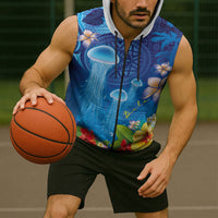 Fiji Jellyfish Sleeveless Zip Hoodie Tapa Patterns and Hibiscus Sea Vibe