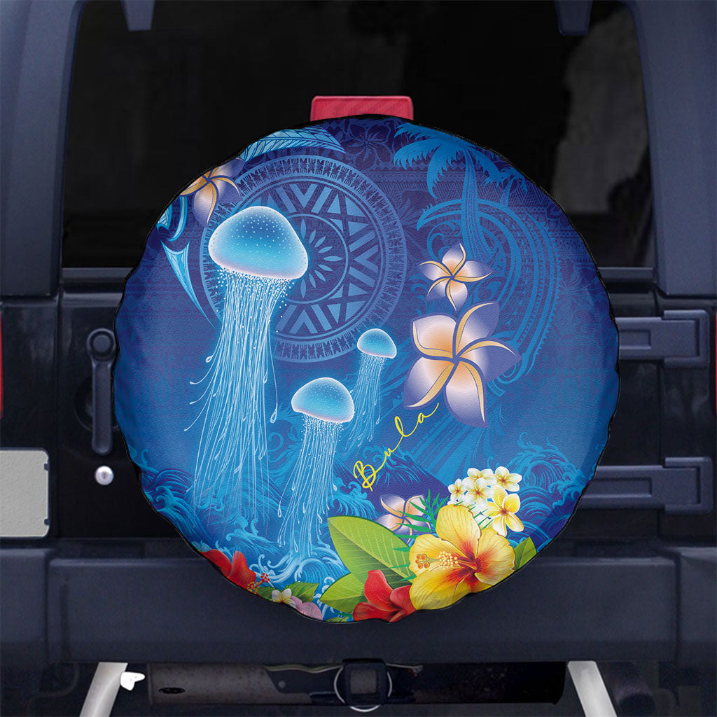 Fiji Jellyfish Spare Tire Cover Tapa Patterns and Hibiscus Sea Vibe LT03 No hole Blue - Polynesian Pride