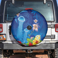Fiji Jellyfish Spare Tire Cover Tapa Patterns and Hibiscus Sea Vibe LT03 Blue - Polynesian Pride