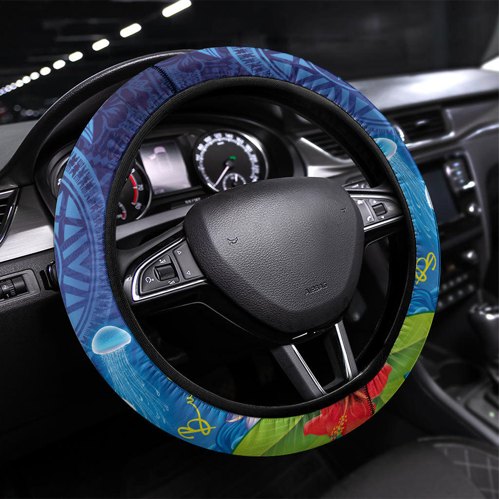 Fiji Jellyfish Steering Wheel Cover Tapa Patterns and Hibiscus Sea Vibe LT03 Universal Fit Blue - Polynesian Pride