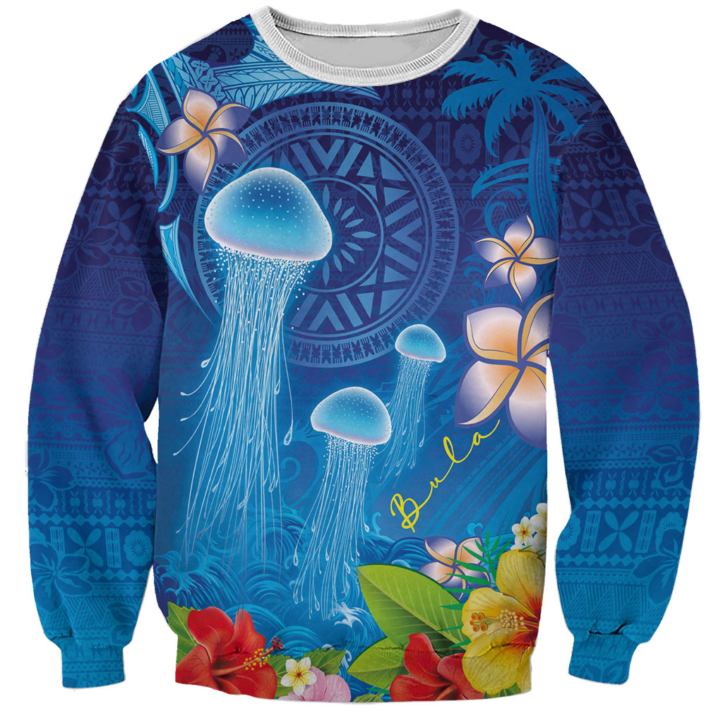 Fiji Jellyfish Sweatshirt Tapa Patterns and Hibiscus Sea Vibe