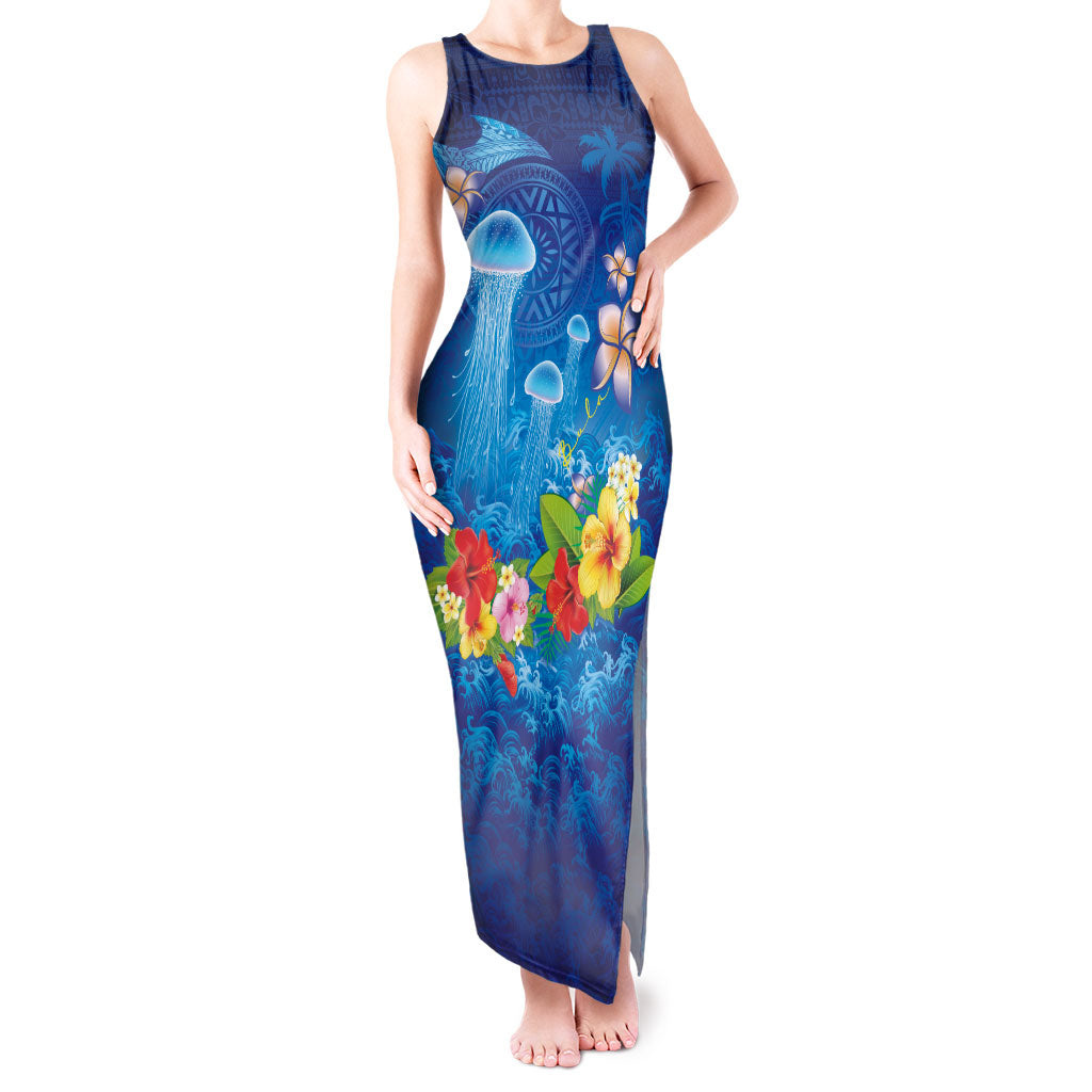 Fiji Jellyfish Tank Maxi Dress Tapa Patterns and Hibiscus Sea Vibe LT03 Women Blue - Polynesian Pride