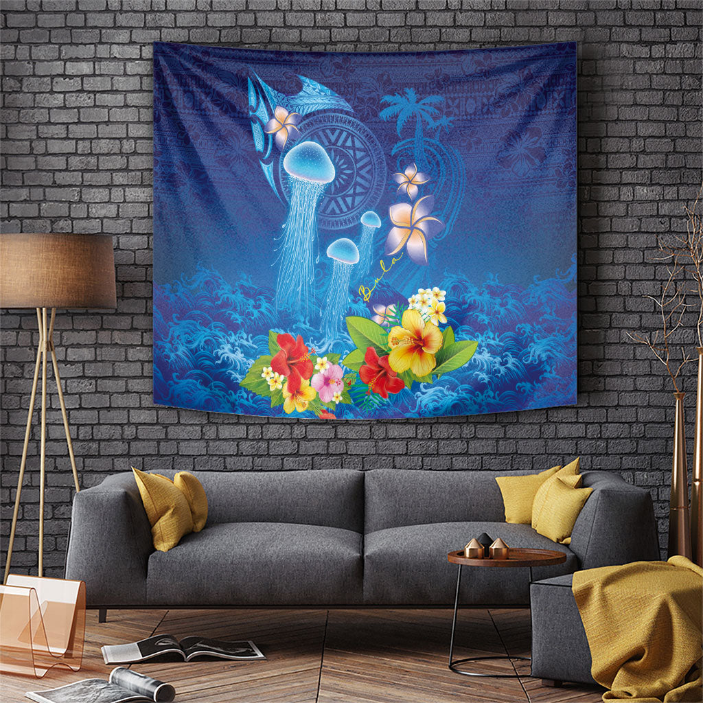 Fiji Jellyfish Tapestry Tapa Patterns and Hibiscus Sea Vibe LT03 Blue - Polynesian Pride
