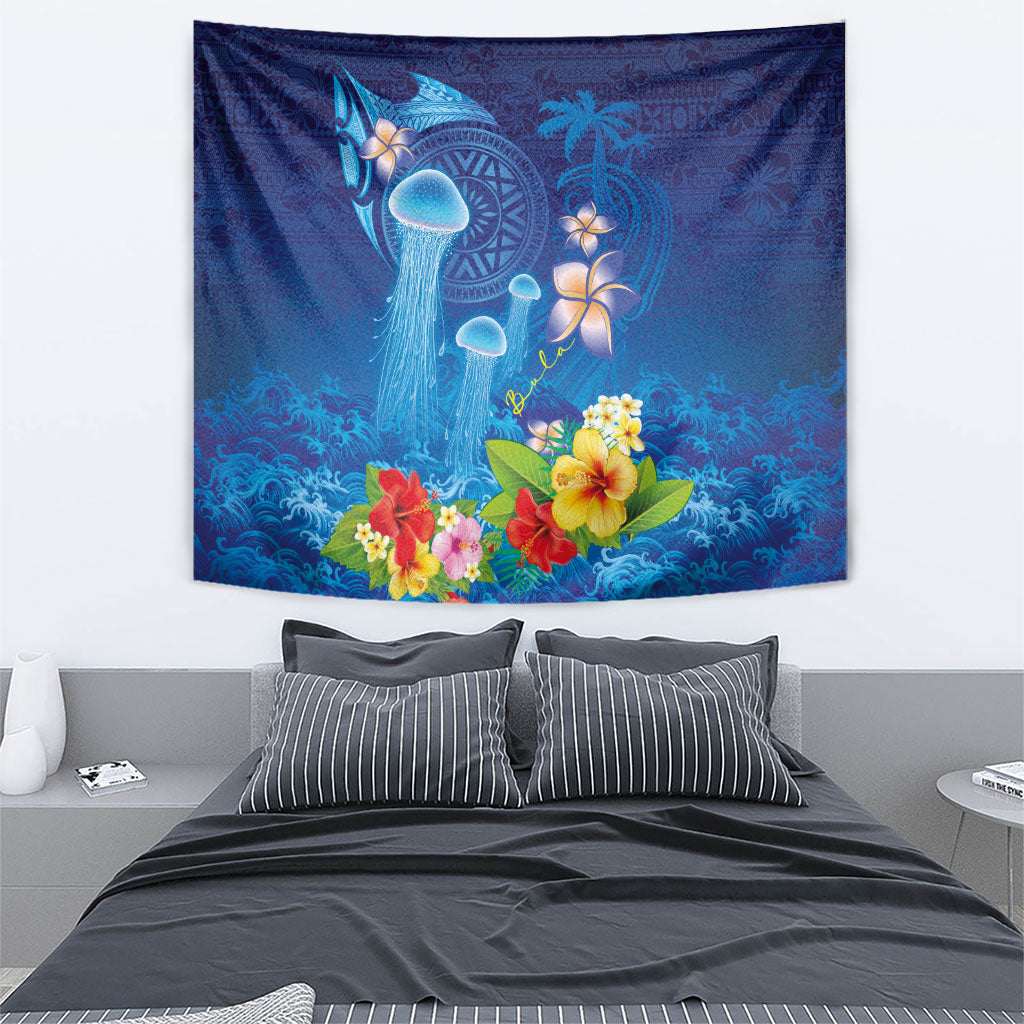 Fiji Jellyfish Tapestry Tapa Patterns and Hibiscus Sea Vibe LT03 - Polynesian Pride
