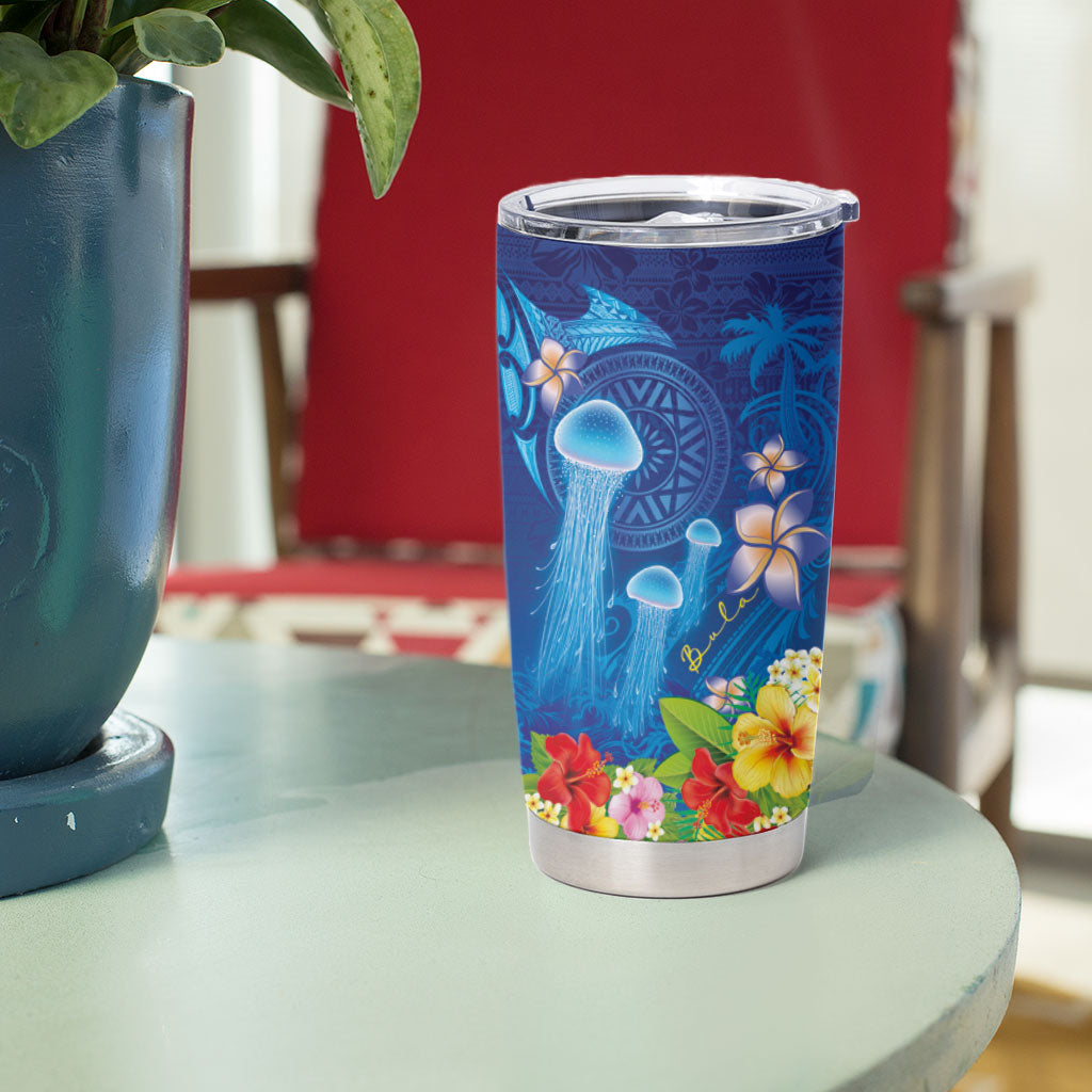 Fiji Jellyfish Tumbler Cup Tapa Patterns and Hibiscus Sea Vibe