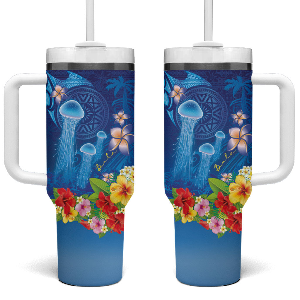 Fiji Jellyfish Tumbler With Handle Tapa Patterns and Hibiscus Sea Vibe LT03 One Size: 40 oz Blue - Polynesian Pride