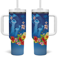 Fiji Jellyfish Tumbler With Handle Tapa Patterns and Hibiscus Sea Vibe LT03 One Size: 40 oz Blue - Polynesian Pride