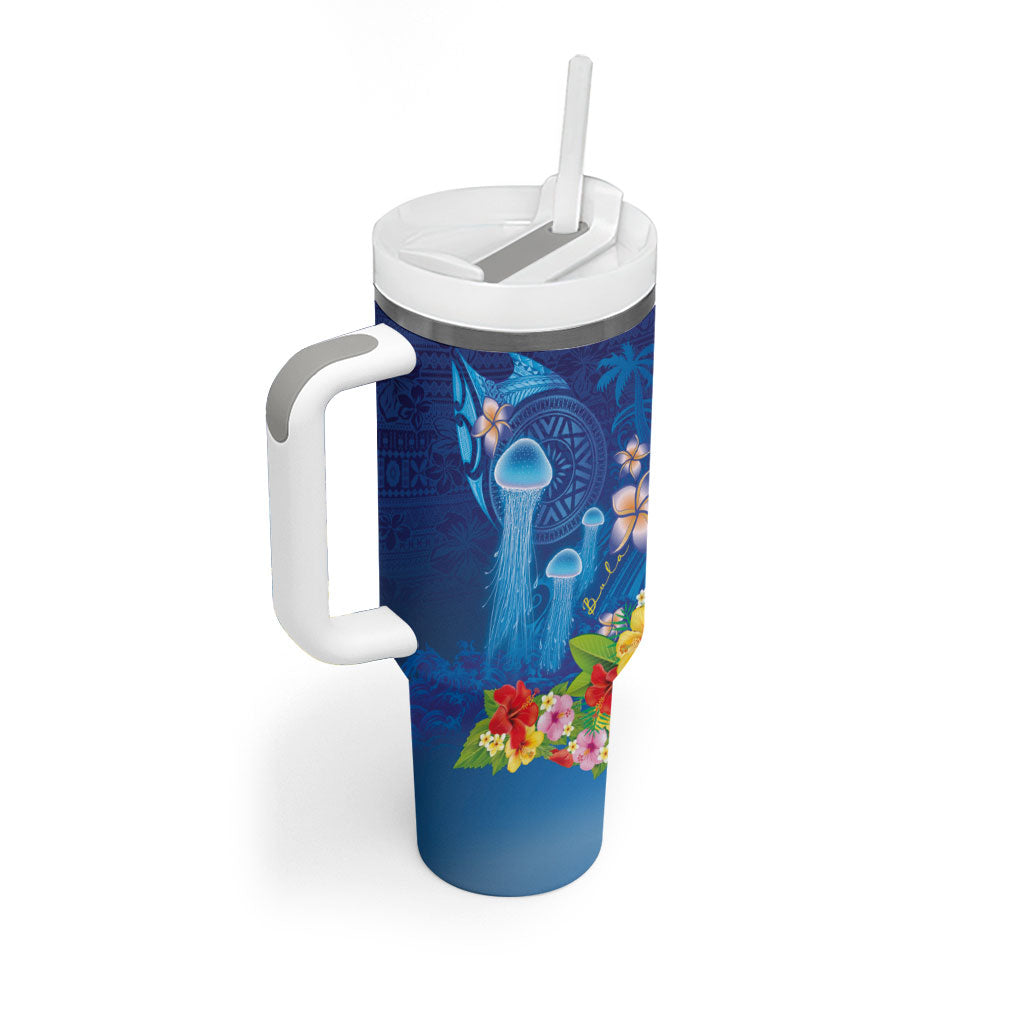 Fiji Jellyfish Tumbler With Handle Tapa Patterns and Hibiscus Sea Vibe LT03 - Polynesian Pride