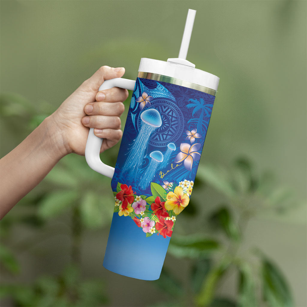 Fiji Jellyfish Tumbler With Handle Tapa Patterns and Hibiscus Sea Vibe LT03 - Polynesian Pride