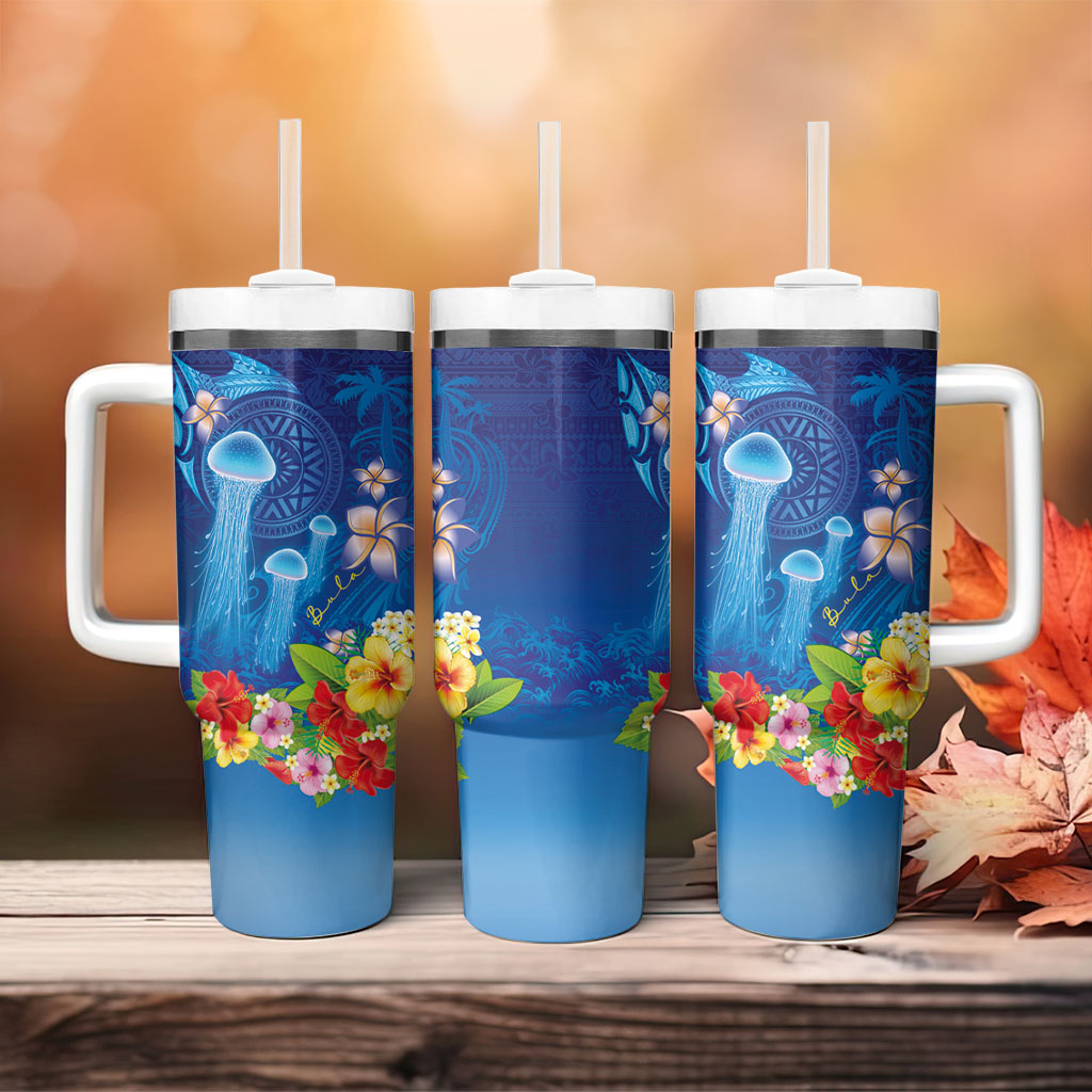 Fiji Jellyfish Tumbler With Handle Tapa Patterns and Hibiscus Sea Vibe LT03 - Polynesian Pride
