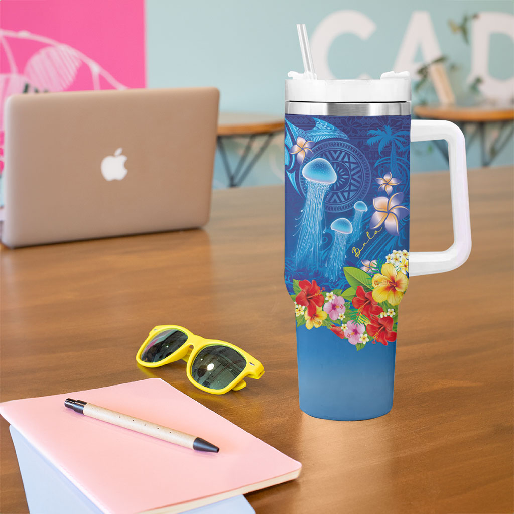 Fiji Jellyfish Tumbler With Handle Tapa Patterns and Hibiscus Sea Vibe LT03 - Polynesian Pride