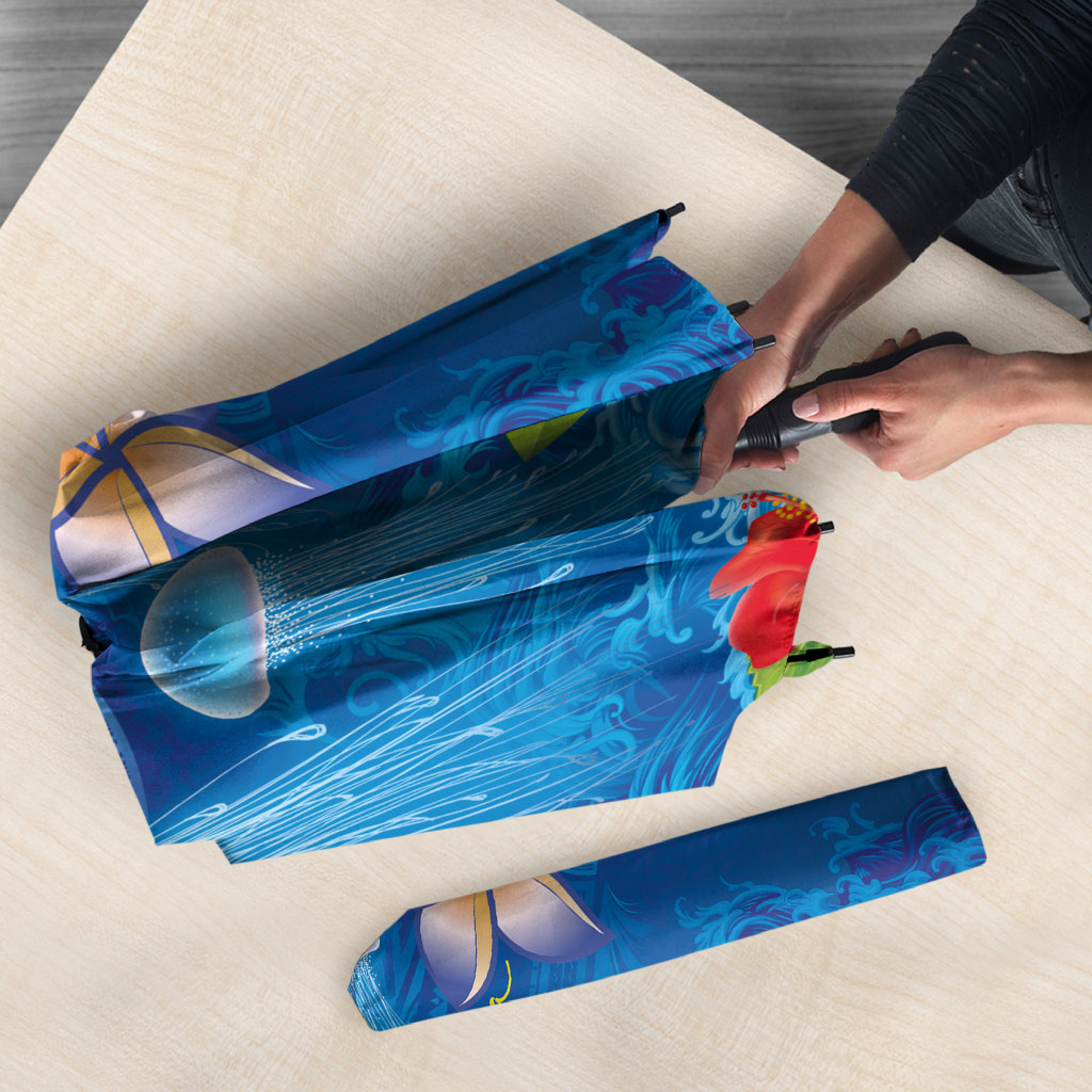 Fiji Jellyfish Umbrella Tapa Patterns and Hibiscus Sea Vibe