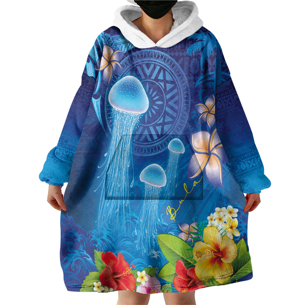 Fiji Jellyfish Wearable Blanket Hoodie Tapa Patterns and Hibiscus Sea Vibe