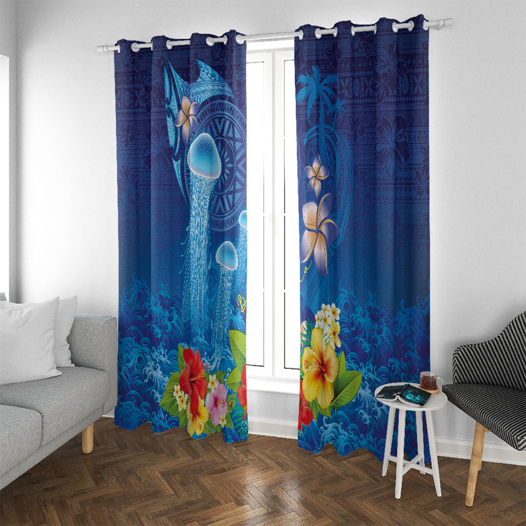 Fiji Jellyfish Window Curtain Tapa Patterns and Hibiscus Sea Vibe LT03 With Grommets Blue - Polynesian Pride