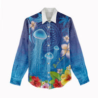 Fiji Jellyfish Women Casual Shirt Tapa Patterns and Hibiscus Sea Vibe
