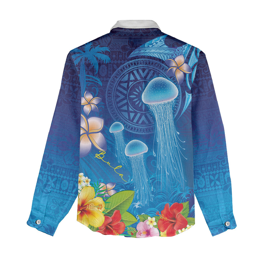 Fiji Jellyfish Women Casual Shirt Tapa Patterns and Hibiscus Sea Vibe