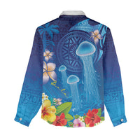 Fiji Jellyfish Women Casual Shirt Tapa Patterns and Hibiscus Sea Vibe