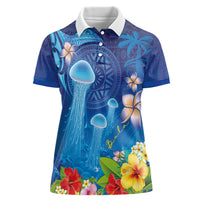 Fiji Jellyfish Women Polo Shirt Tapa Patterns and Hibiscus Sea Vibe LT03 Female Blue - Polynesian Pride
