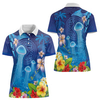 Fiji Jellyfish Women Polo Shirt Tapa Patterns and Hibiscus Sea Vibe LT03 - Polynesian Pride