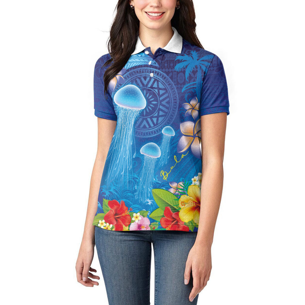 Fiji Jellyfish Women Polo Shirt Tapa Patterns and Hibiscus Sea Vibe LT03 - Polynesian Pride