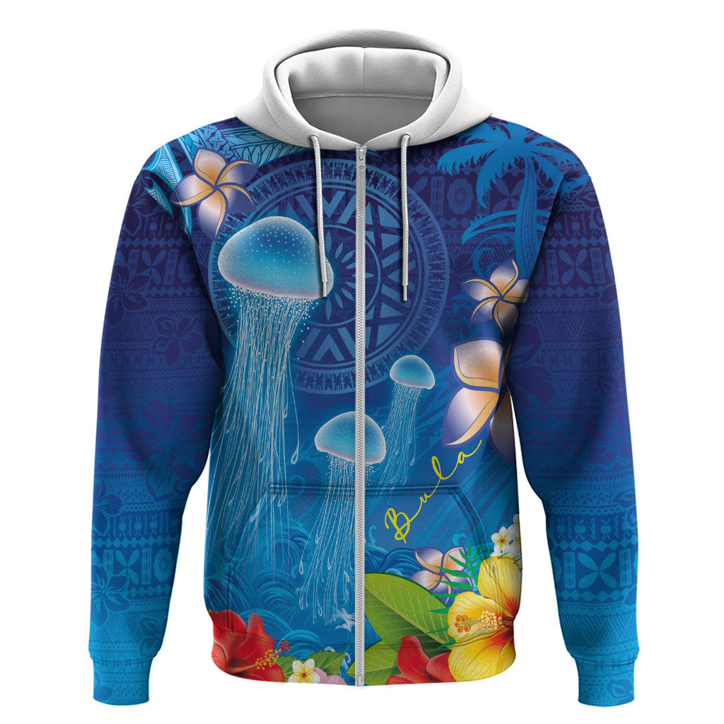 Fiji Jellyfish Zip Hoodie Tapa Patterns and Hibiscus Sea Vibe LT03 Zip Hoodie Blue - Polynesian Pride