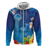 Fiji Jellyfish Zip Hoodie Tapa Patterns and Hibiscus Sea Vibe LT03 Zip Hoodie Blue - Polynesian Pride
