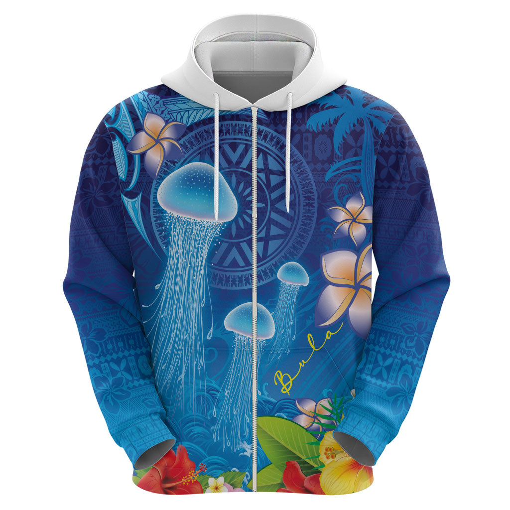 Fiji Jellyfish Zip Hoodie Tapa Patterns and Hibiscus Sea Vibe LT03 - Polynesian Pride