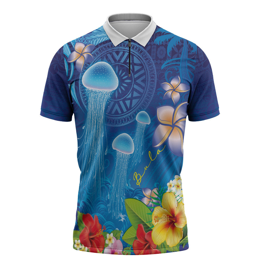 Fiji Jellyfish Zipper Polo Shirt Tapa Patterns and Hibiscus Sea Vibe LT03 Blue - Polynesian Pride