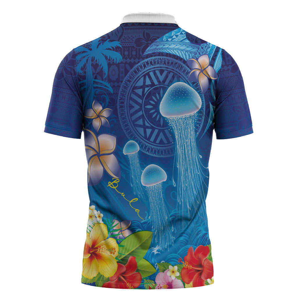 Fiji Jellyfish Zipper Polo Shirt Tapa Patterns and Hibiscus Sea Vibe LT03 - Polynesian Pride