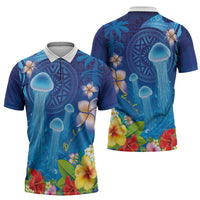 Fiji Jellyfish Zipper Polo Shirt Tapa Patterns and Hibiscus Sea Vibe LT03 - Polynesian Pride
