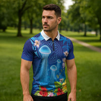 Fiji Jellyfish Zipper Polo Shirt Tapa Patterns and Hibiscus Sea Vibe LT03 - Polynesian Pride