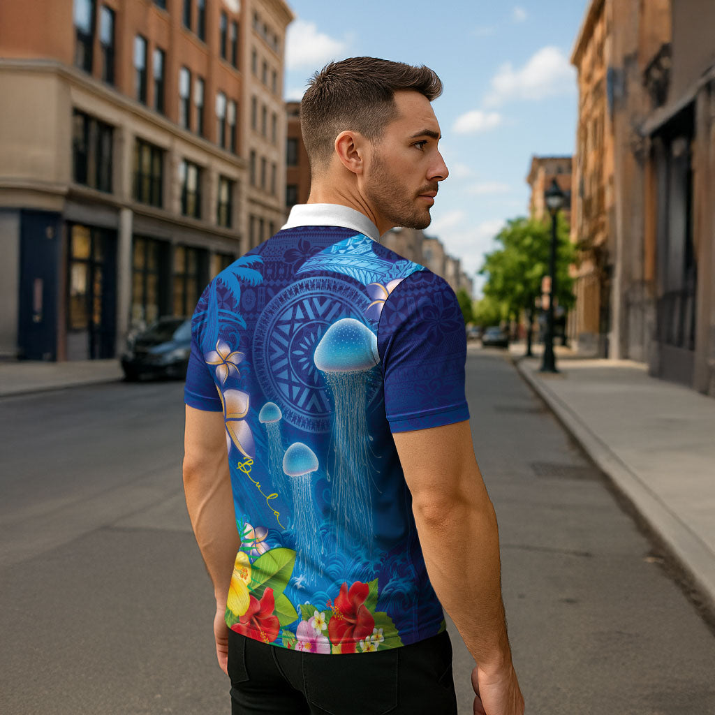 Fiji Jellyfish Zipper Polo Shirt Tapa Patterns and Hibiscus Sea Vibe LT03 - Polynesian Pride