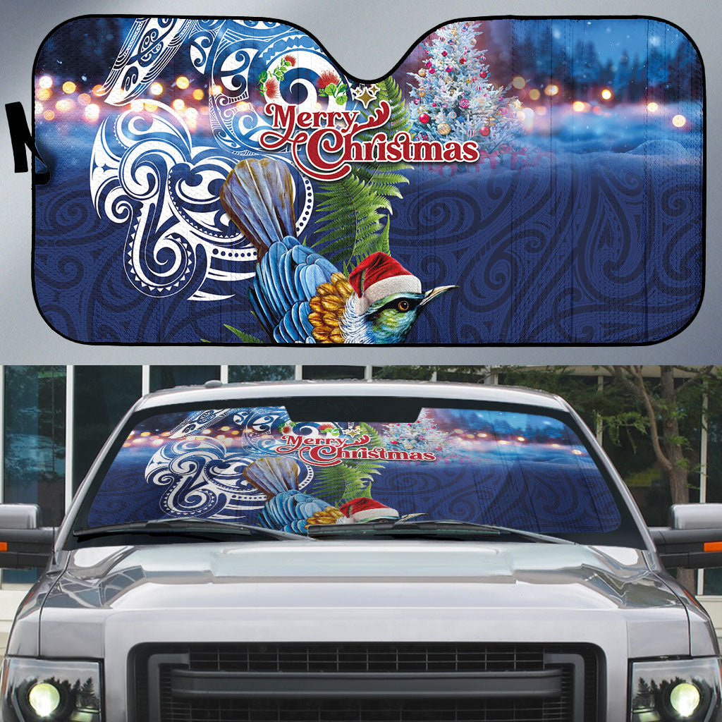 New Zealand Merry Christmas Auto Sun Shade Maori Tribal Pattern with Xmas Tui Bird LT03 Multicolor - Polynesian Pride