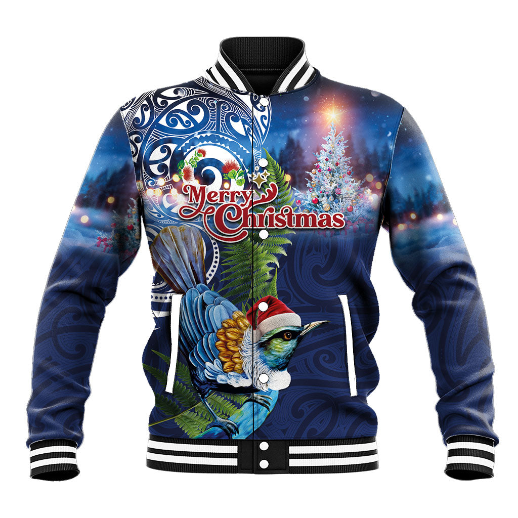 New Zealand Merry Christmas Baseball Jacket Maori Tribal Pattern with Xmas Tui Bird LT03 Unisex Multicolor - Polynesian Pride