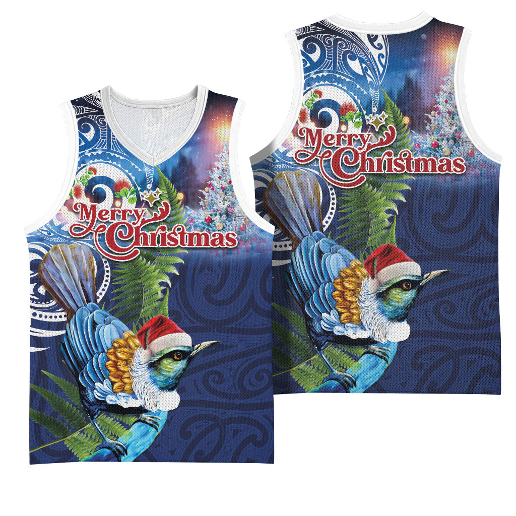 New Zealand Merry Christmas Basketball Jersey Maori Tribal Pattern with Xmas Tui Bird