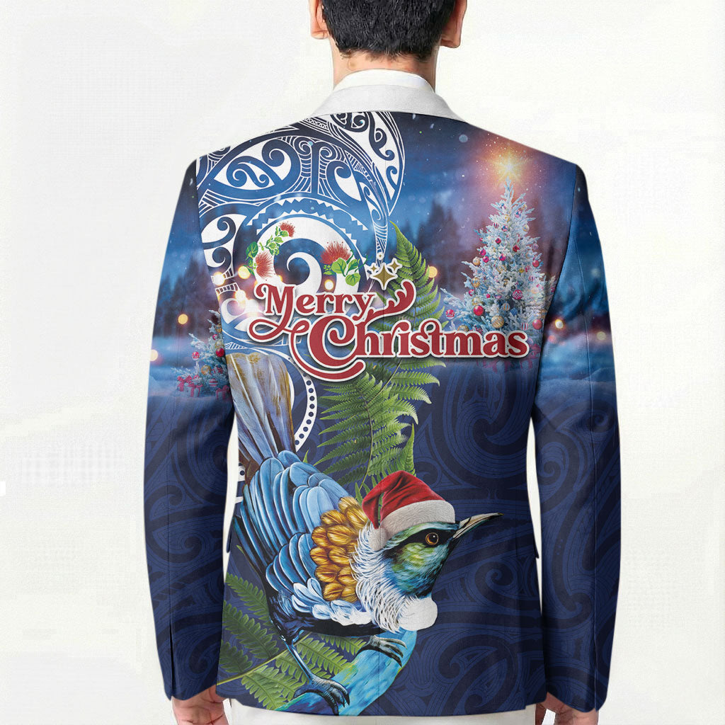 New Zealand Merry Christmas Blazer Maori Tribal Pattern with Xmas Tui Bird