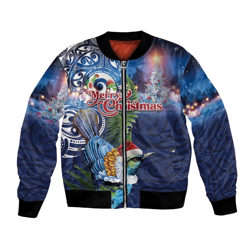 New Zealand Merry Christmas Bomber Jacket Maori Tribal Pattern with Xmas Tui Bird LT03 Unisex Multicolor - Polynesian Pride