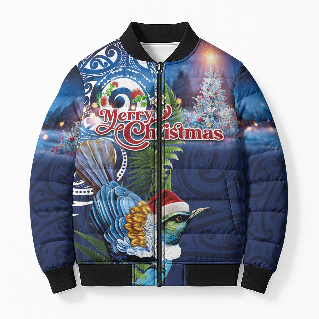 New Zealand Merry Christmas Bomber Puffer Jacket Maori Tribal Pattern with Xmas Tui Bird LT03 Unisex Multicolor - Polynesian Pride