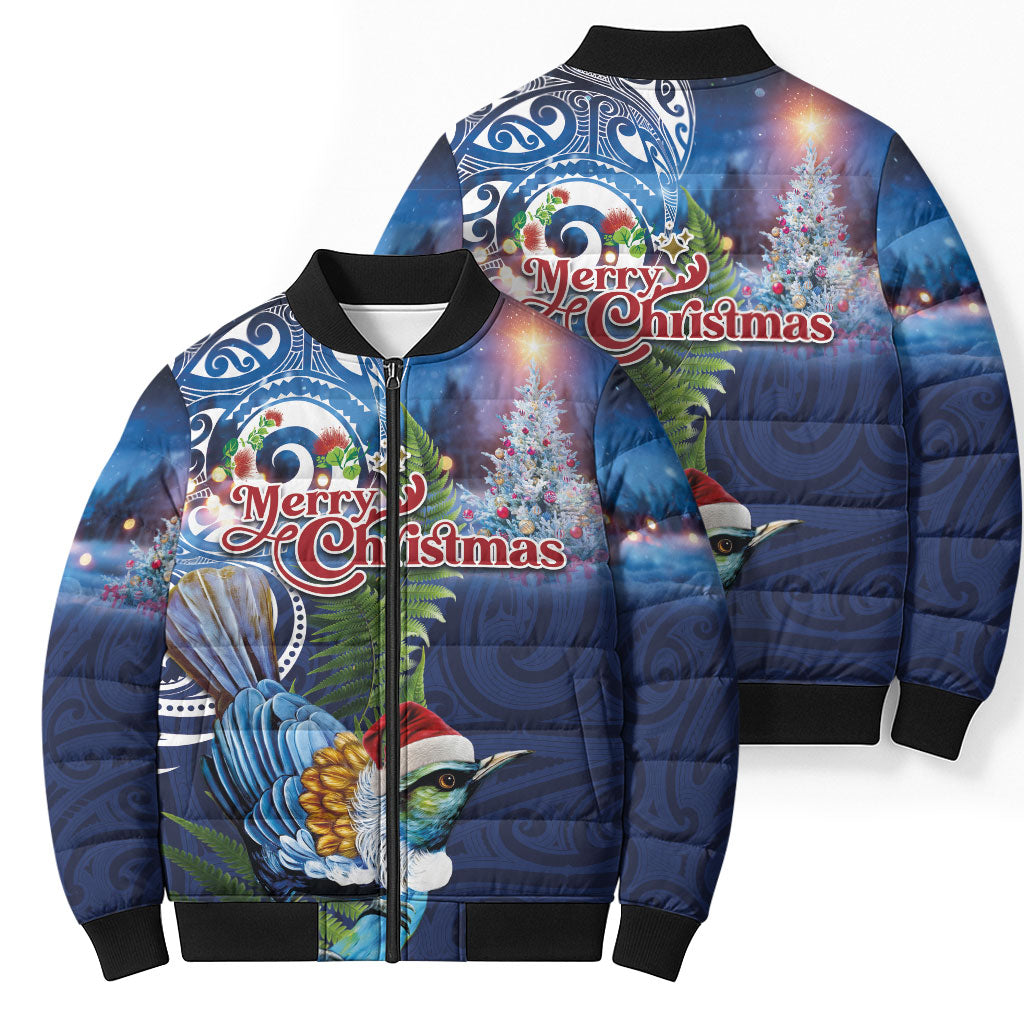New Zealand Merry Christmas Bomber Puffer Jacket Maori Tribal Pattern with Xmas Tui Bird LT03 - Polynesian Pride