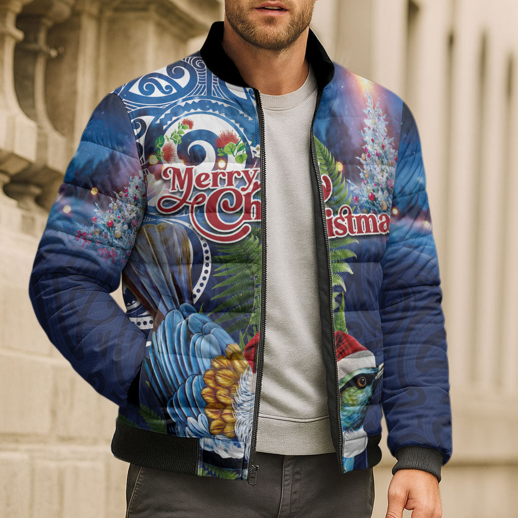 New Zealand Merry Christmas Bomber Puffer Jacket Maori Tribal Pattern with Xmas Tui Bird LT03 - Polynesian Pride