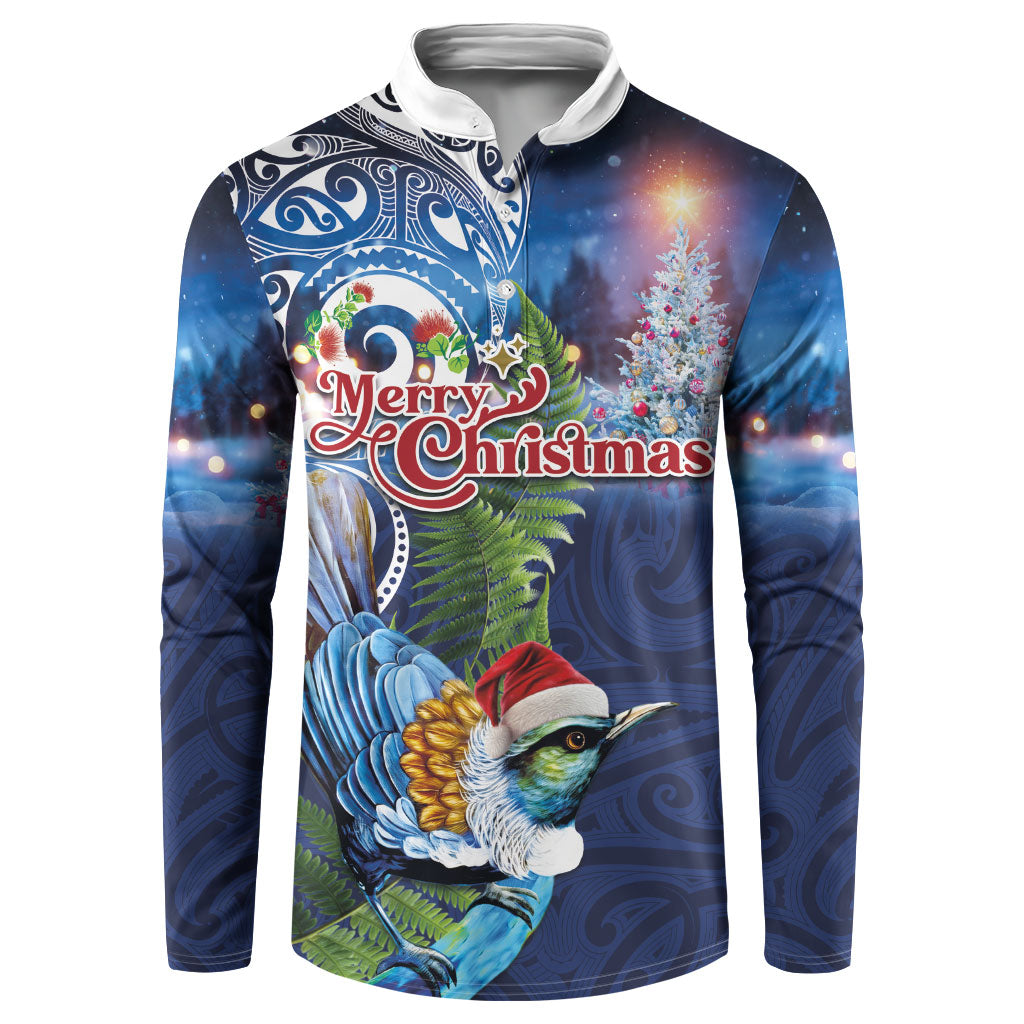 New Zealand Merry Christmas Button Sweatshirt Maori Tribal Pattern with Xmas Tui Bird LT03 Multicolor - Polynesian Pride