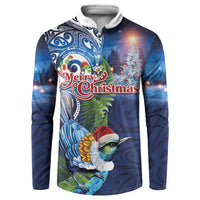 New Zealand Merry Christmas Button Sweatshirt Maori Tribal Pattern with Xmas Tui Bird LT03 Multicolor - Polynesian Pride