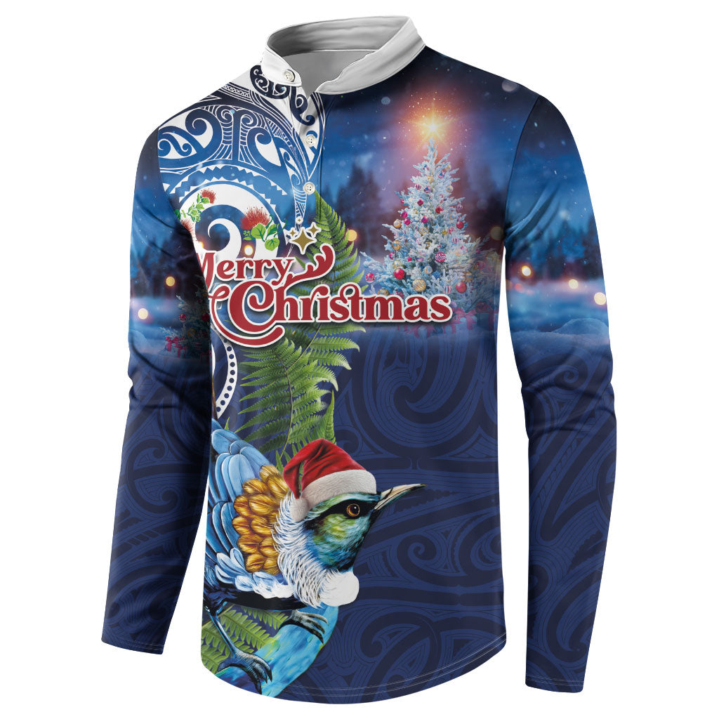 New Zealand Merry Christmas Button Sweatshirt Maori Tribal Pattern with Xmas Tui Bird LT03 - Polynesian Pride