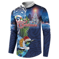 New Zealand Merry Christmas Button Sweatshirt Maori Tribal Pattern with Xmas Tui Bird LT03 - Polynesian Pride