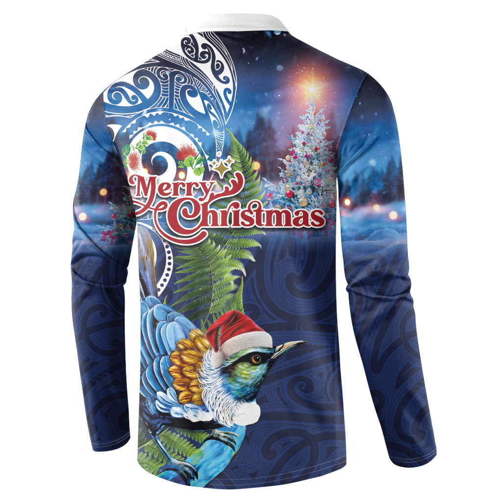 New Zealand Merry Christmas Button Sweatshirt Maori Tribal Pattern with Xmas Tui Bird LT03 - Polynesian Pride